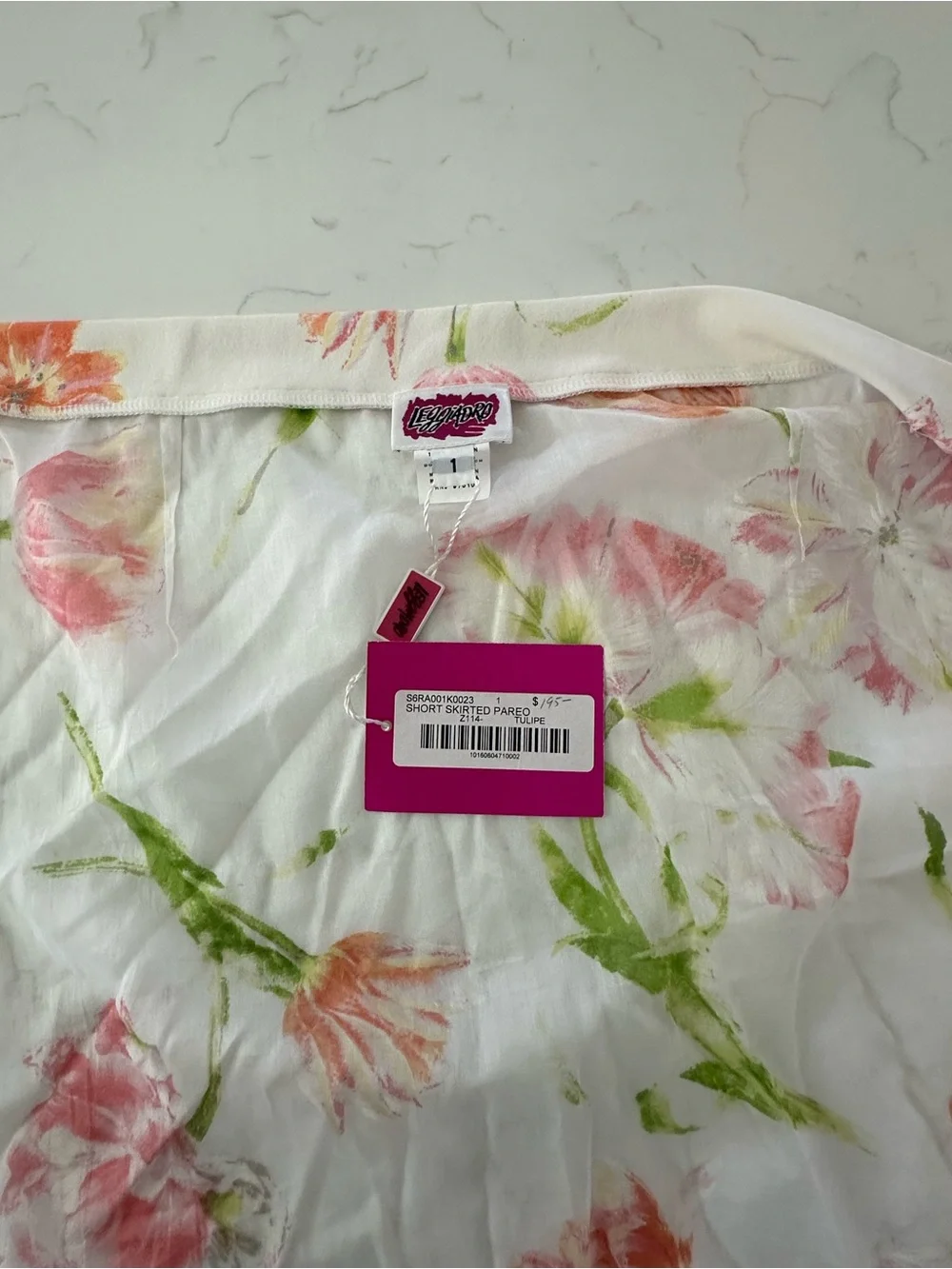 Leggiadro White Floral Tie-Wrap Mini Skirt with Pink & Green Accents